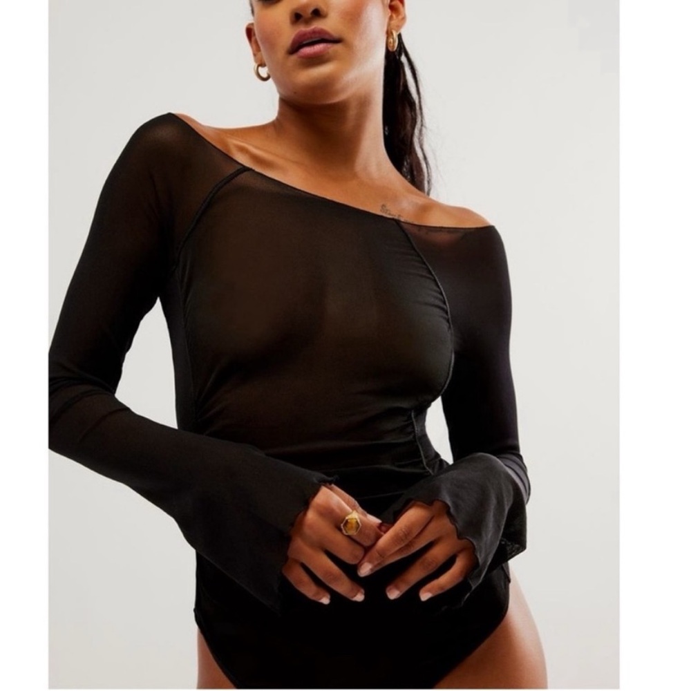 Free People Intimately There Goes My Heart Sheer Mesh Flare Sleeve Bodysuit